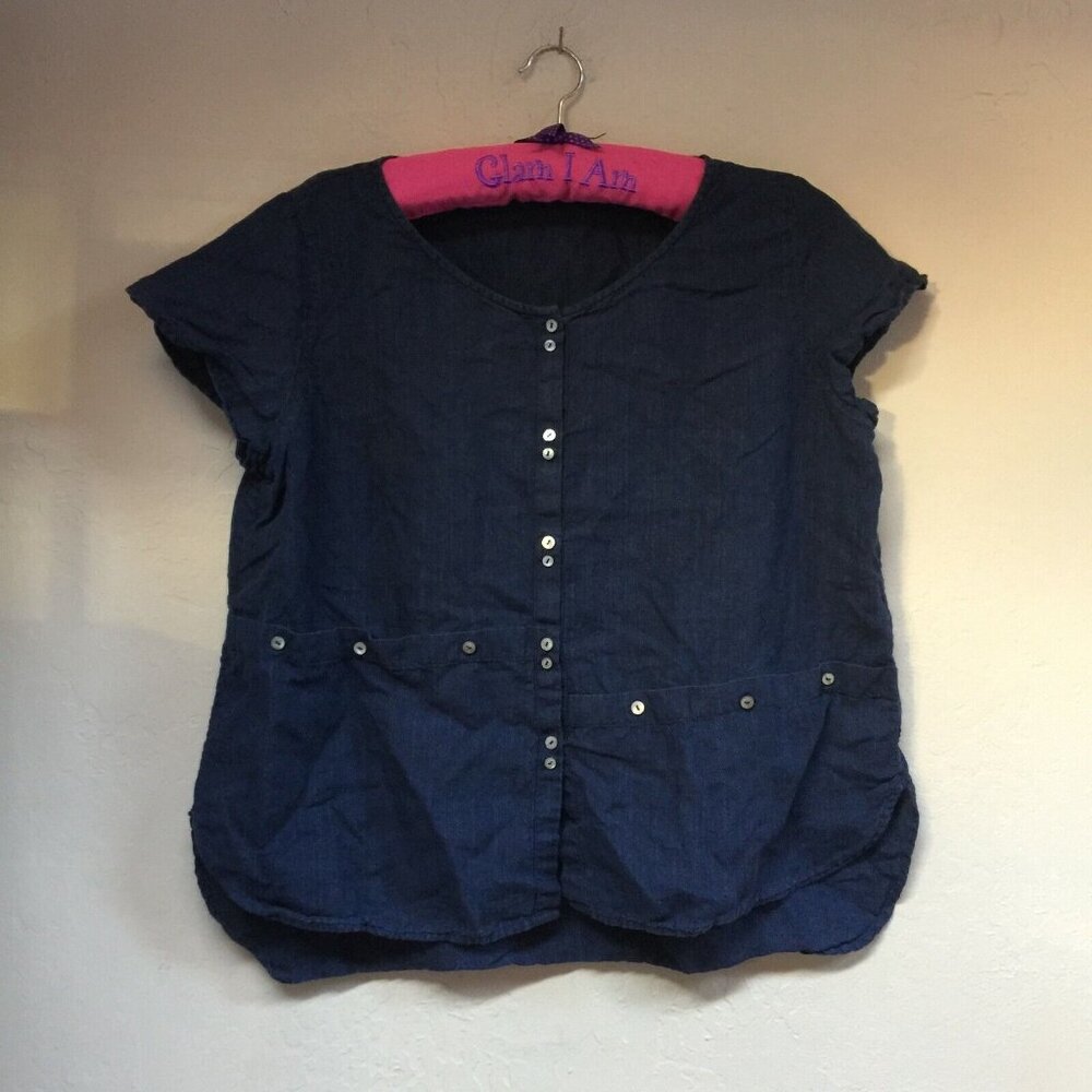 Vivid Linen Top Women's Large Short Sleeve Button Up Blouse Shirt Dark Blue
